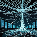 **A digital landscape filled with tangled threads representing online connections, some glowing with truth and others shrouded in shadow, symbolizing the spread of misinformation. Fact-checking icons float amidst the chaos, highlighting the importance of media literacy.** (Focuses on misinformation and fact-checking)