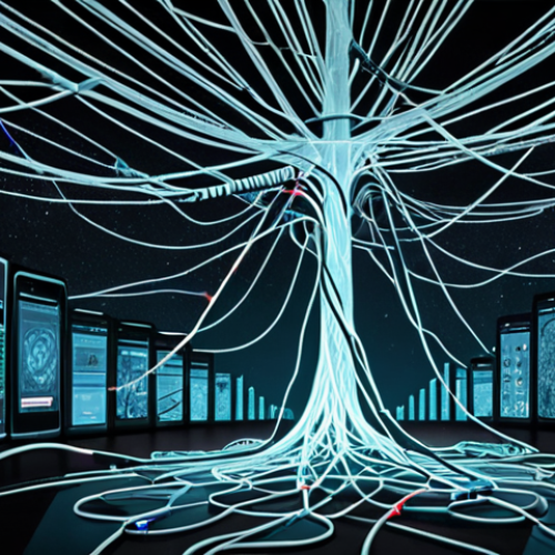 **A digital landscape filled with tangled threads representing online connections, some glowing with truth and others shrouded in shadow, symbolizing the spread of misinformation. Fact-checking icons float amidst the chaos, highlighting the importance of media literacy.** (Focuses on misinformation and fact-checking)