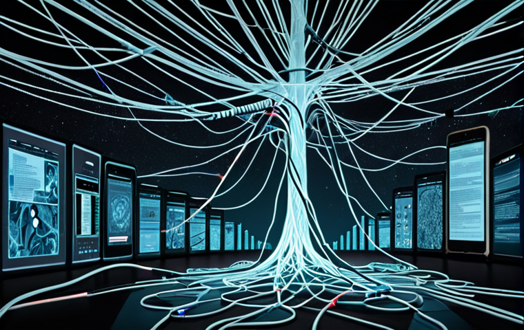 **A digital landscape filled with tangled threads representing online connections, some glowing with truth and others shrouded in shadow, symbolizing the spread of misinformation. Fact-checking icons float amidst the chaos, highlighting the importance of media literacy.** (Focuses on misinformation and fact-checking)